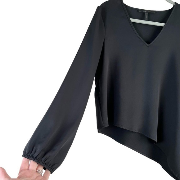 BCBGMAXAZRIA V-Neck Asymmetric Hem Side-Tie Long Sleeve Blouse in Black, XS‎ - Picture 6 of 12
